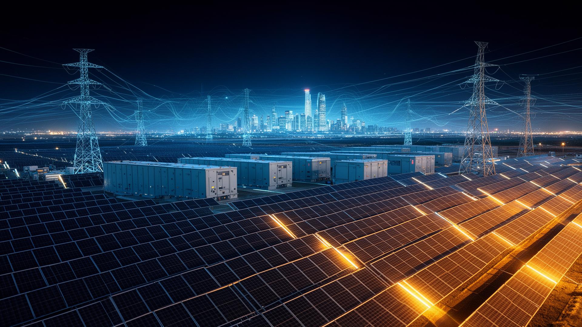 Solar farm, battery storage and transmission grid powering a modern city skyline