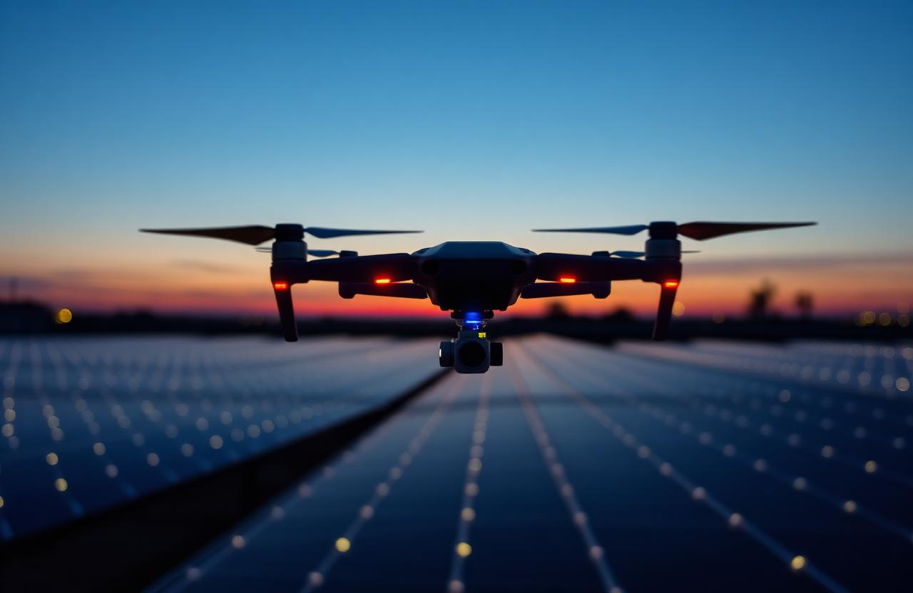 Drone capturing aerial and thermal footage of a solar installation at dusk